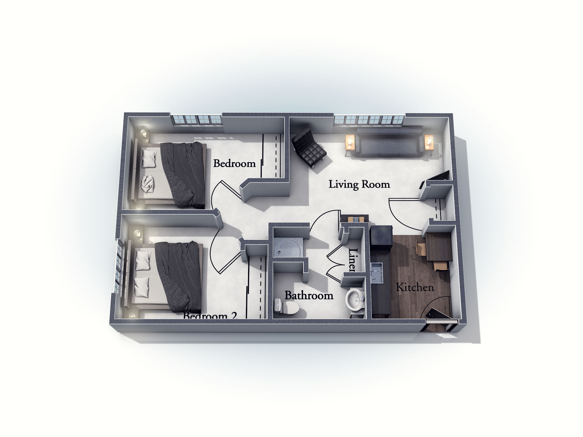 This 3D rendering of the Abberton living space shows an example of the floor plan layout. Please contact the Summit Pointe Senior Living Community for more information.