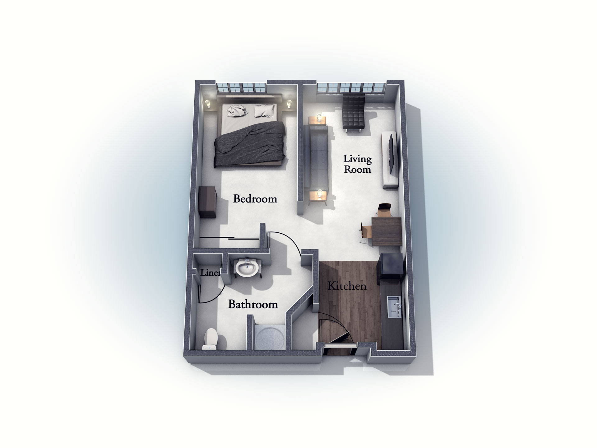 This 3D rendering of the Alton living space shows an example of the floor plan layout. Please contact the Summit Pointe Senior Living Community for more information.