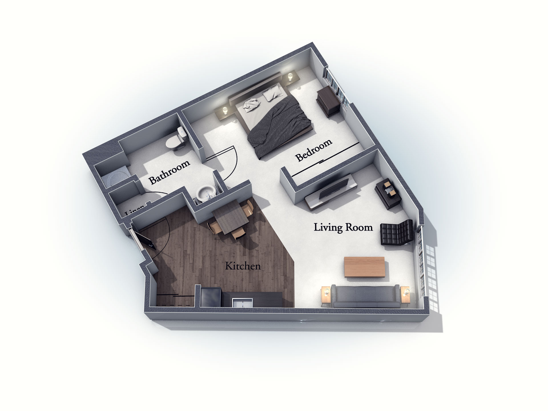 This 3D rendering of the Ashwell living space shows an example of the floor plan layout. Please contact the Summit Pointe Senior Living Community for more information.