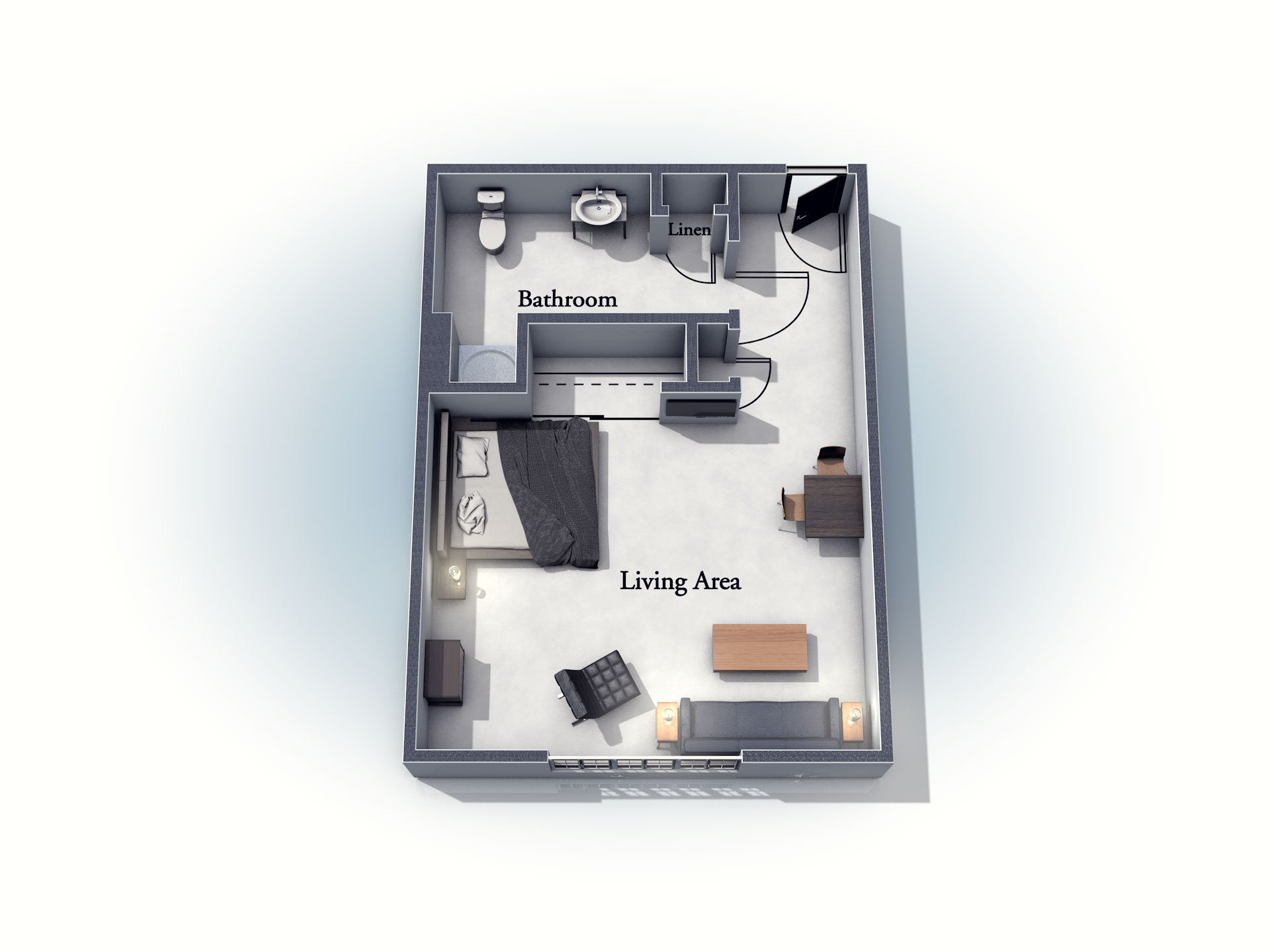 This 3D rendering of the Manchester living space shows an example of the floor plan layout. Please contact the Summit Pointe Senior Living Community for more information.