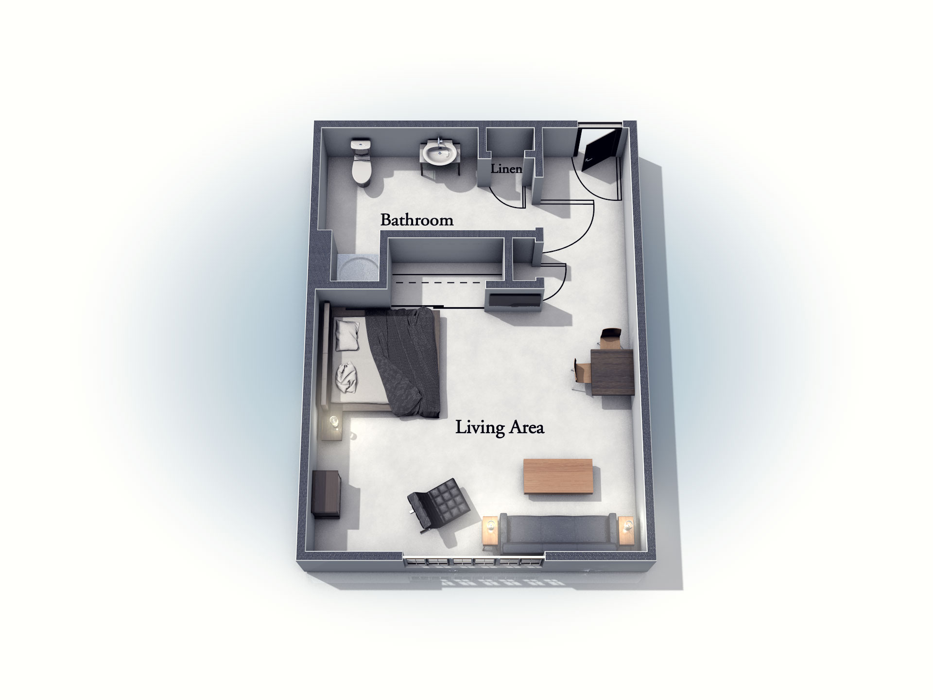 Manchester-Living-Space-Unit-M1 This 3D rendering of the Manchester living space shows an example of the floor plan layout. Please contact the Summit Pointe Senior Living Community for more information.