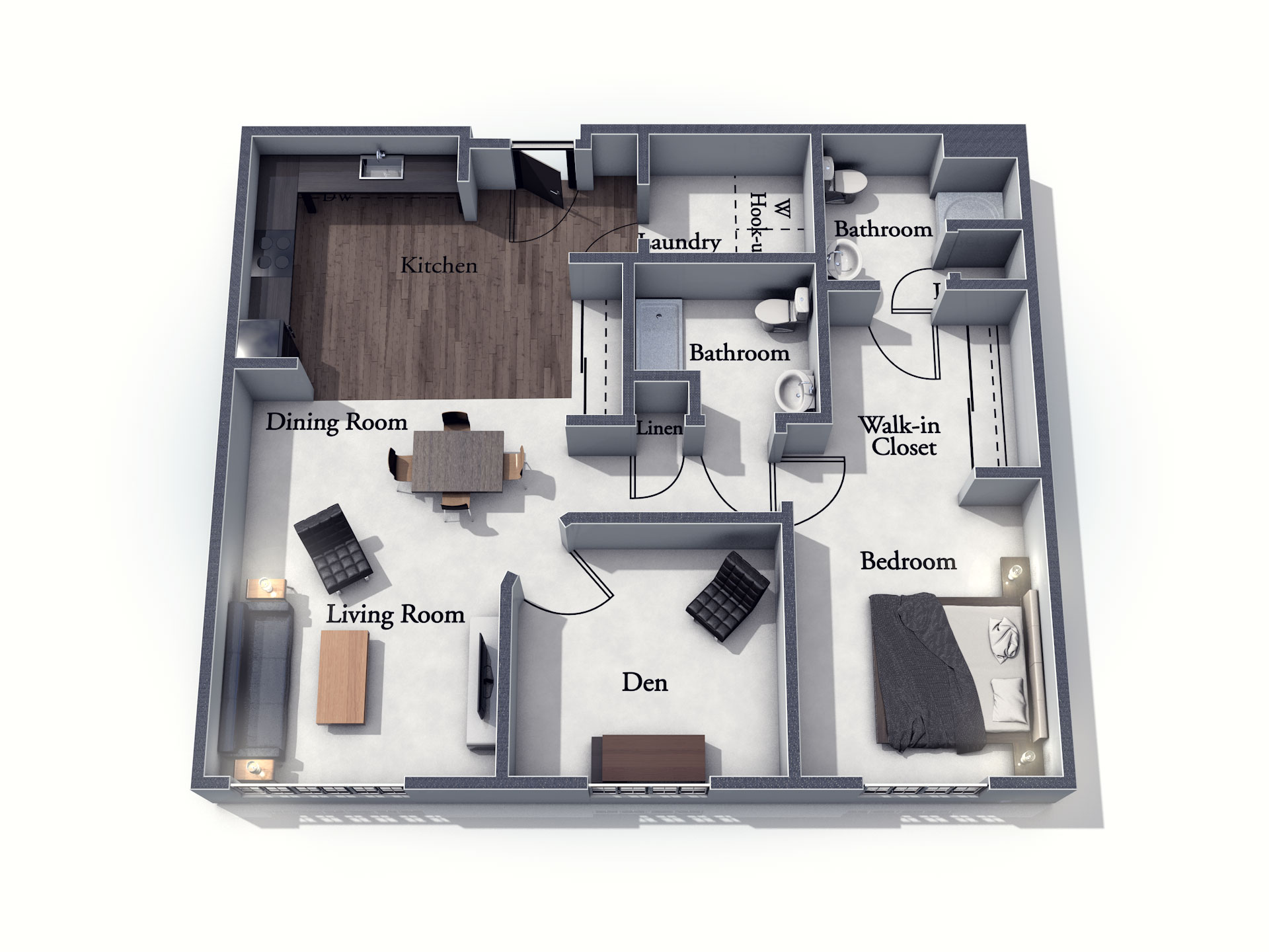 This 3D rendering of the Aylesbury living space shows an example of the floor plan layout. Please contact the Summit Pointe Senior Living Community for more information.