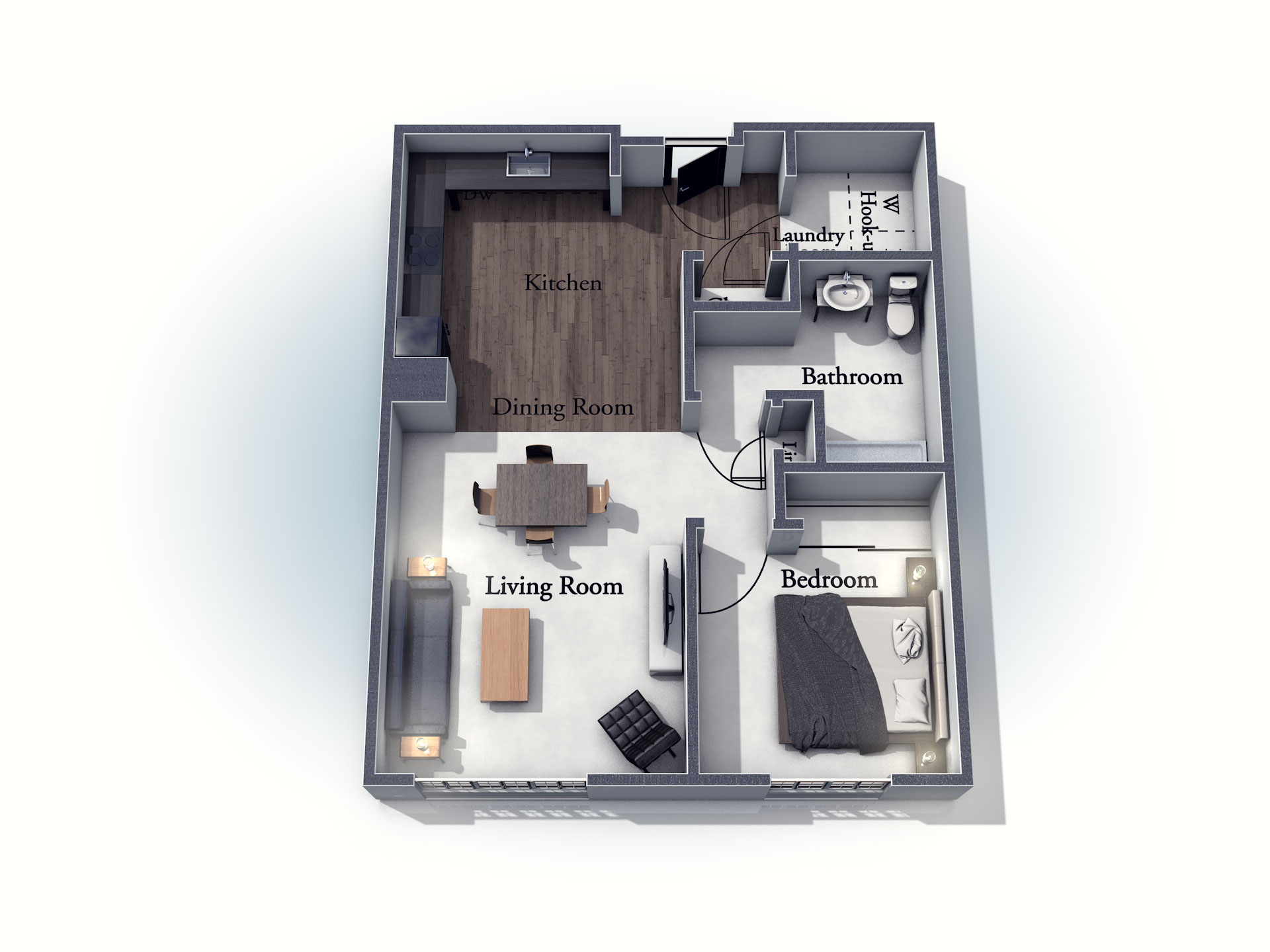 This 3D rendering of the Berkshire living space shows an example of the floor plan layout. Please contact the Summit Pointe Senior Living Community for more information.