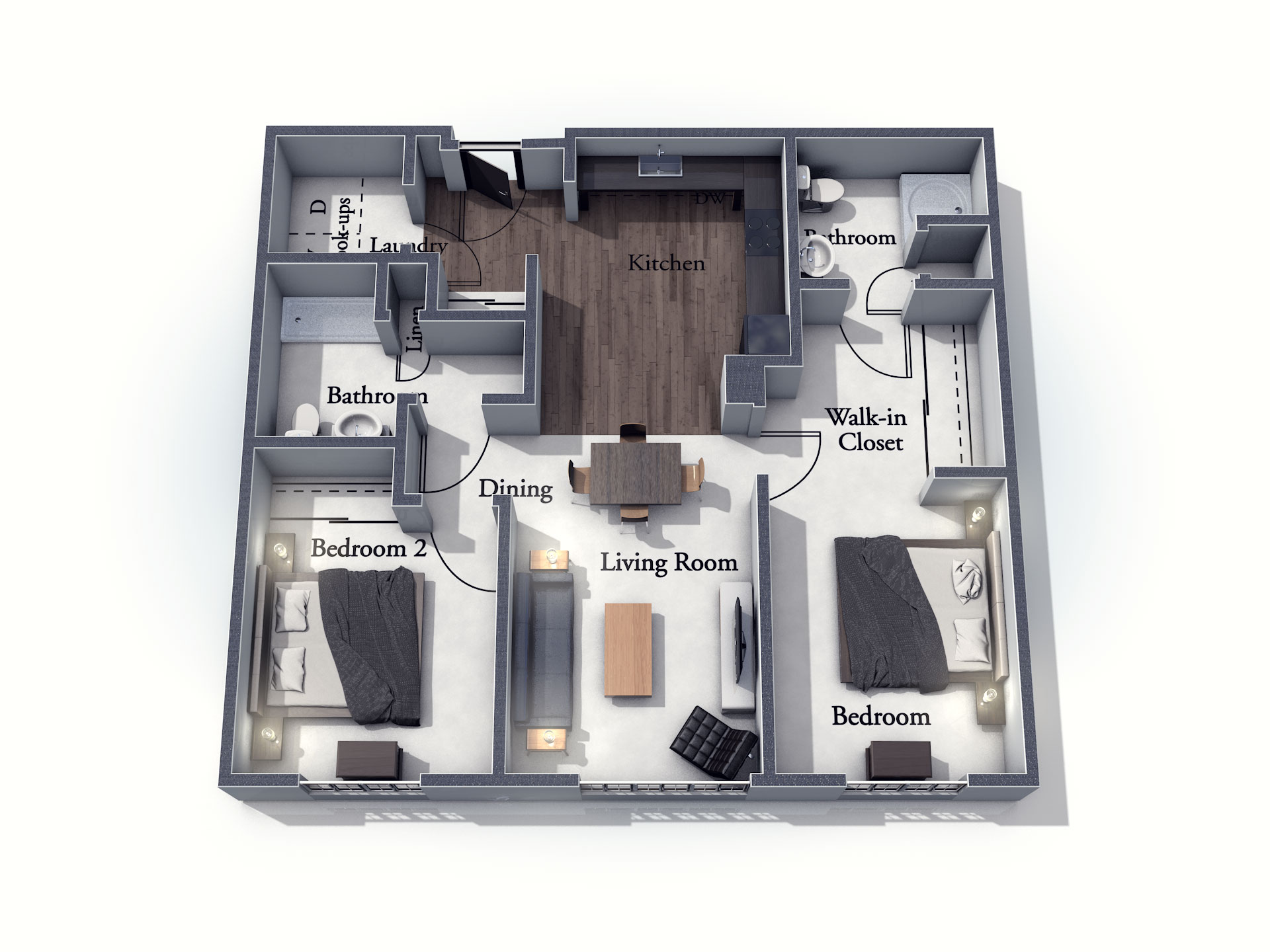 This 3D rendering of the Brighton living space shows an example of the floor plan layout. Please contact the Summit Pointe Senior Living Community for more information.