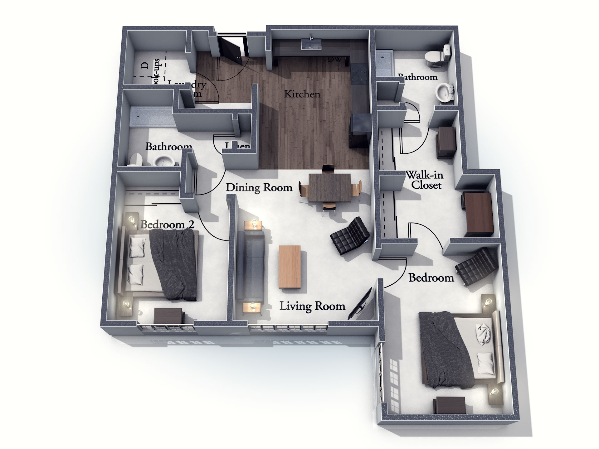 This 3D rendering of the Coventry living space shows an example of the floor plan layout. Please contact the Summit Pointe Senior Living Community for more information.