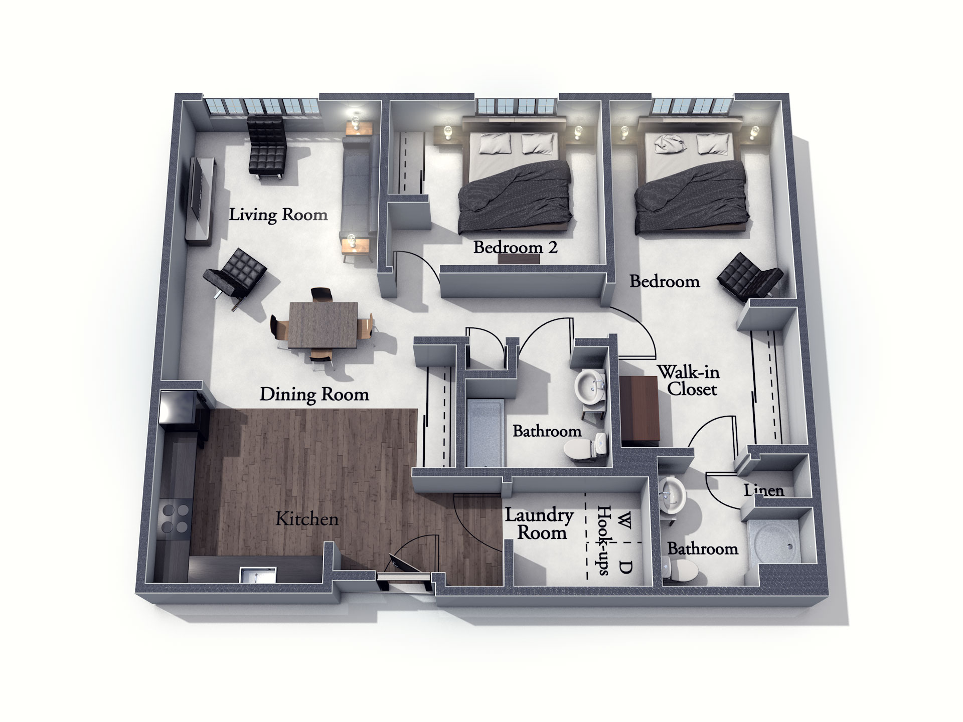 This 3D rendering of the Nottingham living space shows an example of the floor plan layout. Please contact the Summit Pointe Senior Living Community for more information.