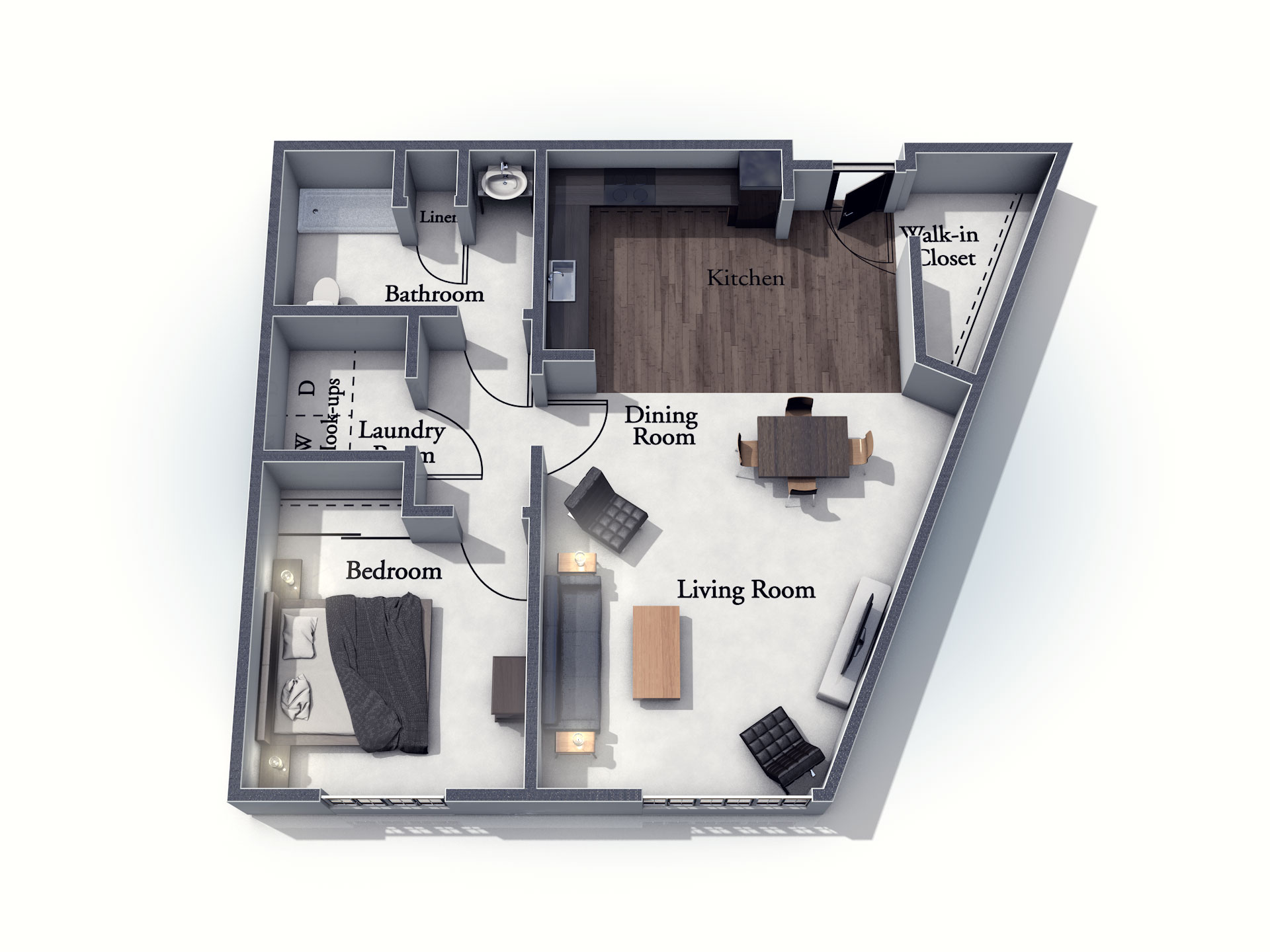 This 3D rendering of the Oxford living space shows an example of the floor plan layout. Please contact the Summit Pointe Senior Living Community for more information.