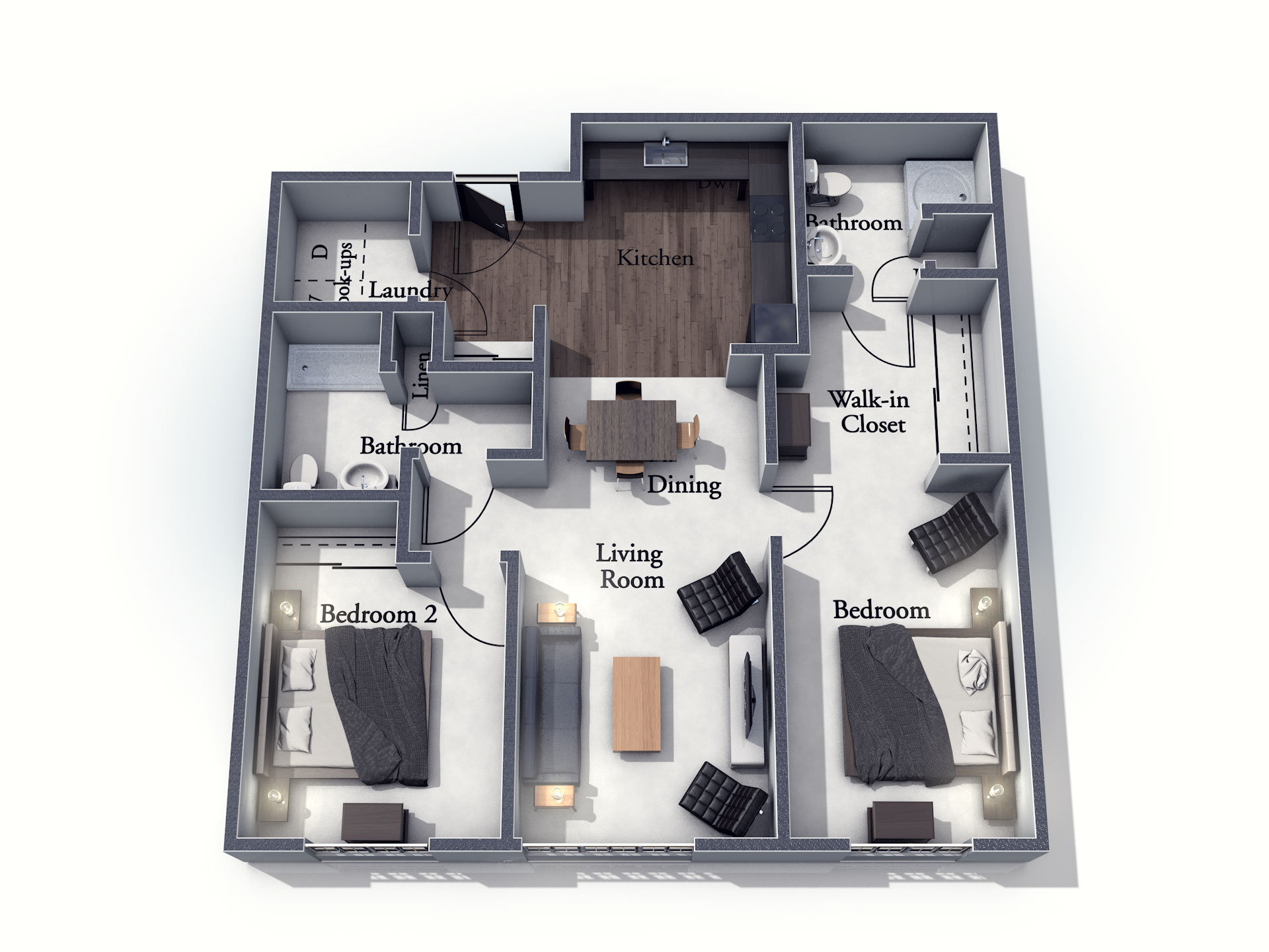 This 3D rendering of the Scarborough living space shows an example of the floor plan layout. Please contact the Summit Pointe Senior Living Community for more information.