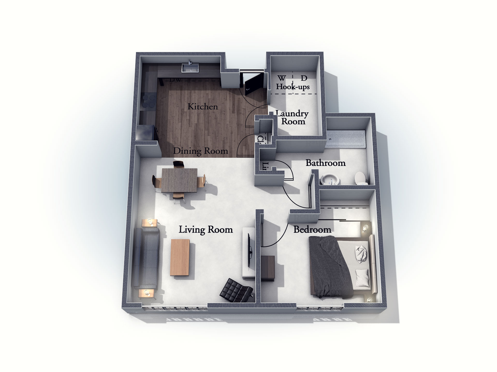 This 3D rendering of the Wiltshire living space shows an example of the floor plan layout. Please contact the Summit Pointe Senior Living Community for more information.