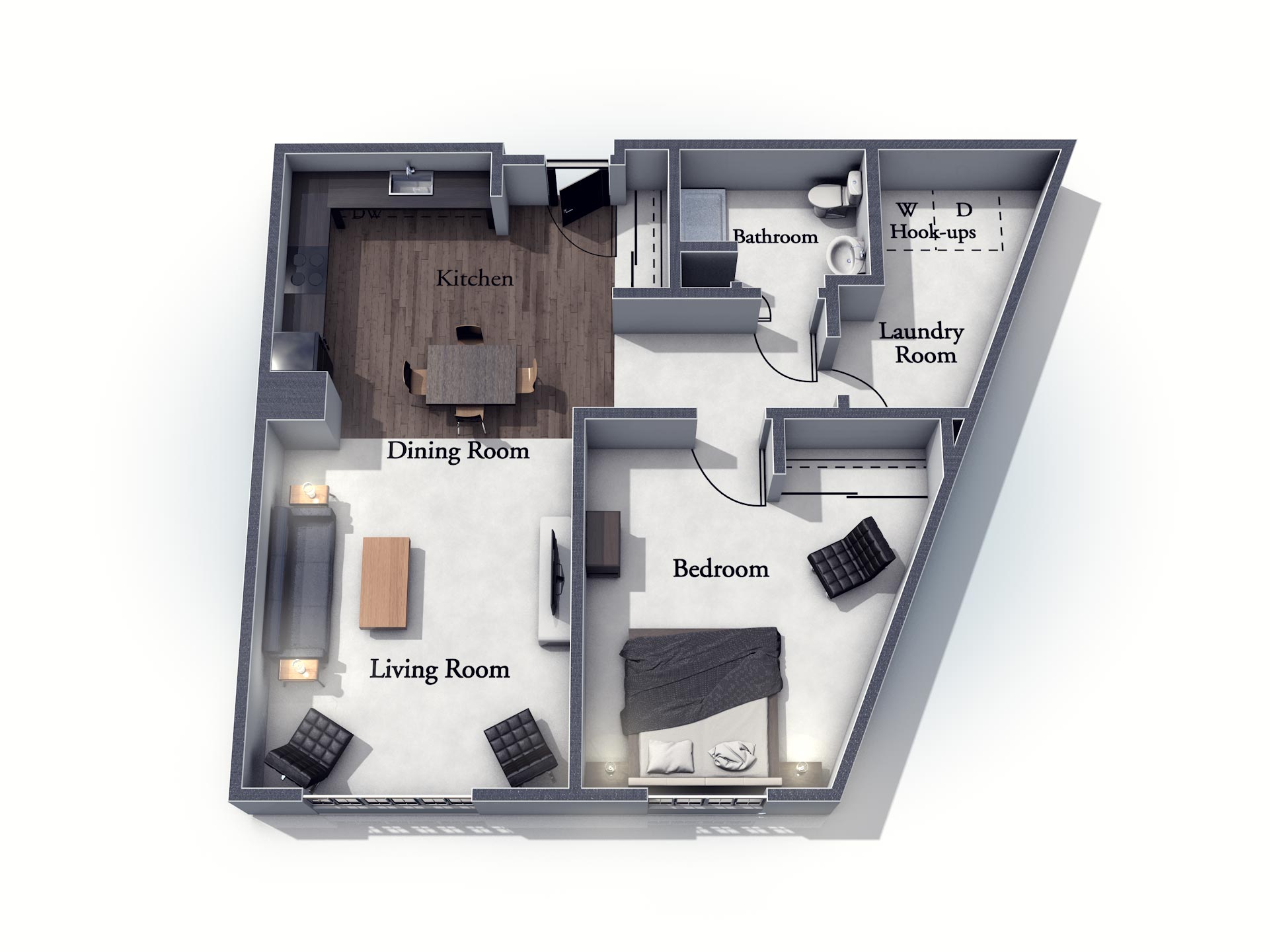 This 3D rendering of the Whitley living space shows an example of the floor plan layout. Please contact the Summit Pointe Senior Living Community for more information.